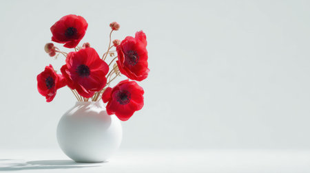 A striking arrangement of bright red poppies in a simplistic white vase, set against a soft light background that enhances the beauty and elegance of nature.の素材