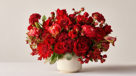This stunning floral arrangement features a blend of vibrant red flowers in a white ceramic vase, perfect for adding elegance and charm to any space or special occasion.の素材