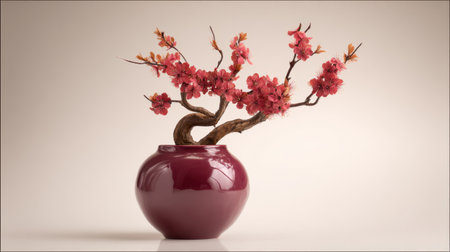 This stunning image features an elegant blossom arrangement in a decorative pot, showcasing artistic roots and delicate pink flowers against a soft background.の素材
