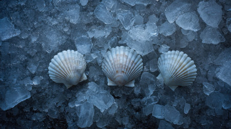 A captivating arrangement featuring three scallop shells set on a bed of crystalline ice. This visually striking image captures the essence of marine life and seafood, ideal for culinary or nature-themed projects.の素材