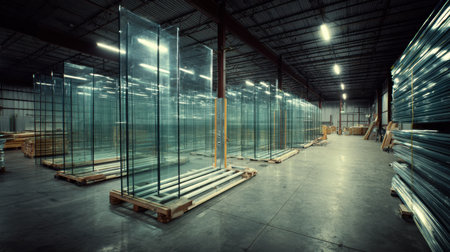 A spacious warehouse interior showcasing pristine glass panels stored on pallets, illuminated by overhead lighting in a clean, organized environment.の素材