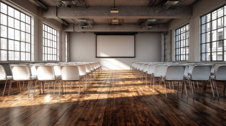 A spacious and modern conference room featuring empty white chairs arranged neatly in front of a projector screen, bathed in natural light.の素材