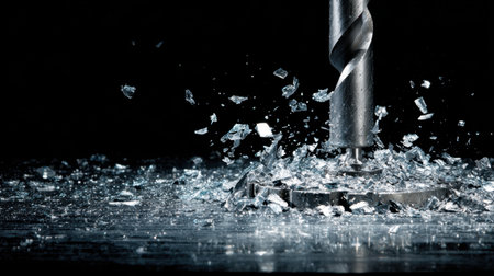 A drill bit penetrates glass, resulting in an explosion of shards and fragments, emphasizing the precision of industrial tools against a dark backdrop.の素材