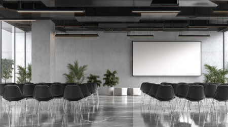 A spacious modern conference hall featuring empty black chairs arranged for a meeting presentation. The minimalist design includes sleek decor and greenery, providing a professional atmosphere for corporate events.の素材