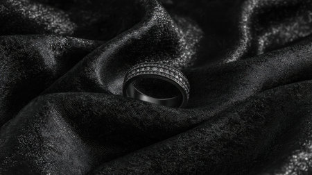 This captivating image showcases an elegant black ring resting on luxurious black fabric. The intricate design and subtle shine create a sophisticated atmosphere, perfect for fashion-themed presentations or jewelry advertisements.の素材
