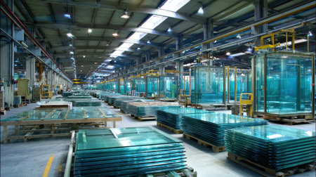 A spacious interior of a modern glass manufacturing facility showcasing numerous glass panels stacked neatly, with industrial machinery and equipment in use.の素材