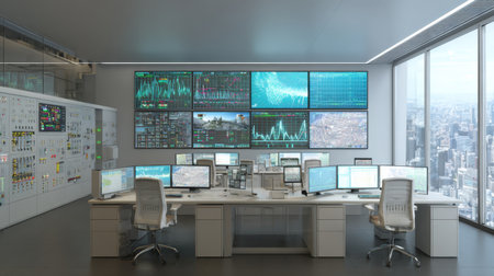 This image showcases a modern control room fitted with multiple monitors displaying complex data analytics alongside a stunning city view. Ideal for showcasing technology and workspace design.の素材