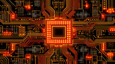 This abstract image features a high-tech circuit board with a glowing microchip at its center, illustrating modern technology and innovation.の素材