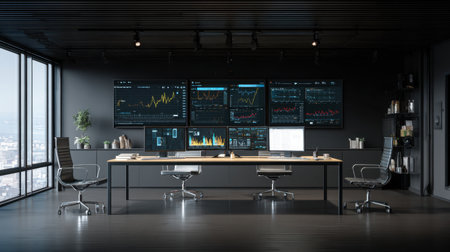 A contemporary office environment featuring multiple screens displaying financial data and analytics, designed to enhance productivity and collaboration.の素材