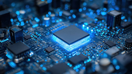 Close view of a computer circuit board showcasing a glowing microprocessor and intricate electronic components, symbolizing modern technology and innovation.の素材