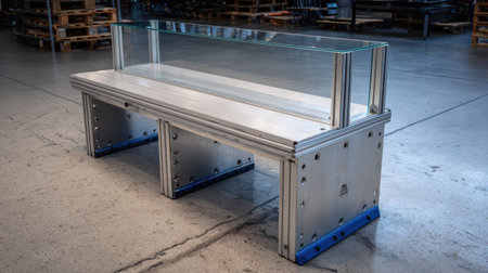 This modern industrial showcase bench features a sleek glass display top, perfect for retail environments. Styled with durable aluminum construction, it adds a minimalist aesthetic to any bright warehouse setting.の素材