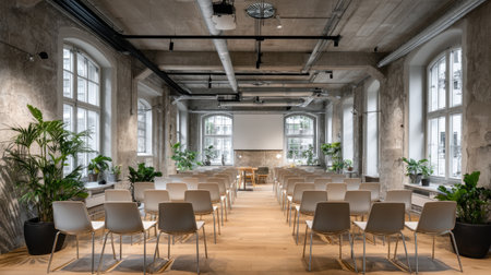 This striking conference room showcases a blend of modern and minimalist design with empty chairs arranged for gatherings, illuminated by natural light and surrounded by greenery.の素材