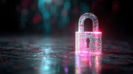 A captivating digital padlock design glows brightly on a reflective surface, symbolizing advanced security and the importance of data protection in technology.の素材