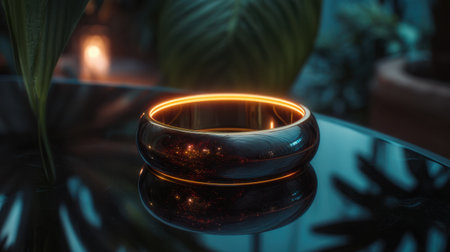 This captivating image features an elegant modern ring with a glowing edge, beautifully set against a reflective surface and lush green foliage, creating a serene ambiance.の素材
