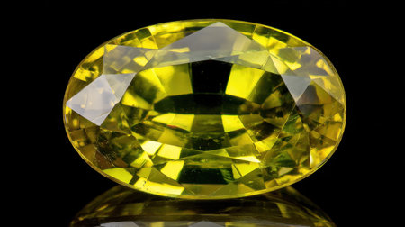 This stunning yellow oval gemstone displays intricate facets that reflect light beautifully against a black background, embodying elegance and luxury.の素材
