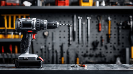 A close-up view of an electric drill positioned on a workbench, showcasing a variety of tools in the background. Ideal for illustrating DIY projects and home renovations.の素材