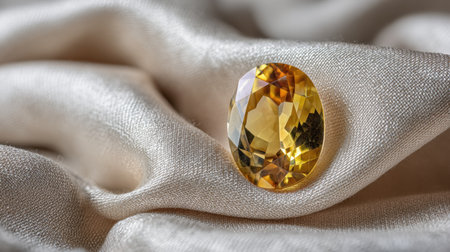 A stunning yellow gemstone sits gracefully on soft satin fabric, showcasing its brilliance and beautiful facets in gentle light, perfect for elegant displays.の素材