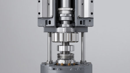 This image showcases a high-tech industrial machinery component, highlighting intricate gears and hydraulic elements ideal for engineering applications.の素材