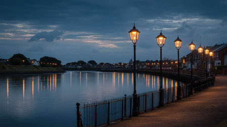 A tranquil river scene showcasing illuminated street lamps against a dusky sky, creating a peaceful ambiance perfect for evening strolls or contemplation.の素材