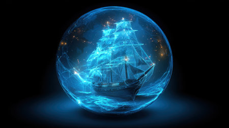 A captivating digital artwork featuring a majestic ship encased in a radiant crystal sphere, surrounded by sparkling blue light and stars, evoking a sense of adventure and enchantment.の素材