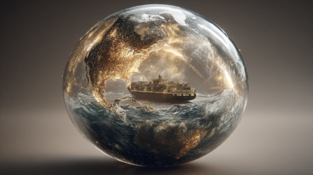 A surreal depiction of a container ship navigating a glowing globe at night. The artwork captures the essence of maritime trade surrounded by stormy waves and illuminated cities, showcasing the beauty and complexity of our global economy.の素材