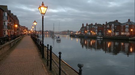 Experience a tranquil evening walk along a charming waterfront, illuminated by glowing lanterns and reflecting tranquil waters under a dusky sky.の素材