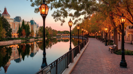 Enjoy the serene beauty of a tranquil lakeside pathway adorned with vintage lamp posts, bright autumn foliage, and warm reflections at dusk.の素材
