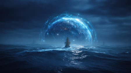 A captivating scene featuring a solitary sailing ship navigating through dark ocean waters under a stunning cosmic arc filled with glowing stars, blending nature with fantasy.の素材