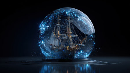 This enchanting glass globe showcases a historic ship surrounded by shimmering stars and magical lights, creating a captivating maritime scene.の素材