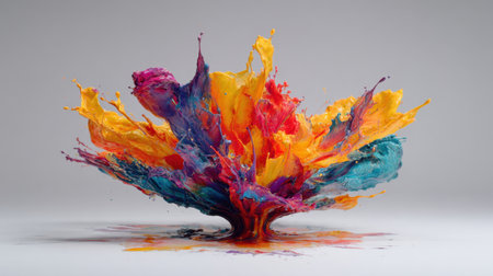 This stunning image captures an explosion of vibrant paint in a dynamic swirl, featuring colors like yellow, pink, blue, and orange against a light gray background.の素材