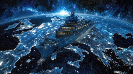 A striking futuristic yacht glides over a vibrant illuminated globe under a starry sky, symbolizing luxury, technology, and exploration in modern travel.の素材