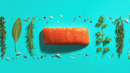 A striking image of a fresh salmon fillet presented on a bright blue background, accented with various herbs and spices ideal for culinary inspiration and meal preparation.の素材