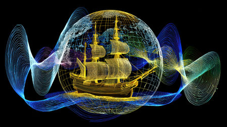 This captivating digital artwork showcases a ship within a globe, surrounded by vibrant wave patterns. The piece symbolizes adventure and exploration, blending technology with creativity in a modern abstract style.の素材