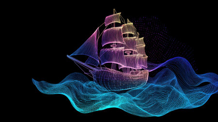 A striking 3D visualization featuring a colorful wireframe sailboat sailing gracefully on vibrant, abstract waves, showcasing creativity and artistic expression.の素材