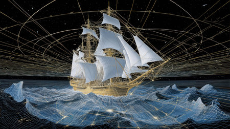 An enchanting sailing ship elegantly glides through a cosmic sea, surrounded by waves of light and intricate patterns, blending fantasy and technology.の素材