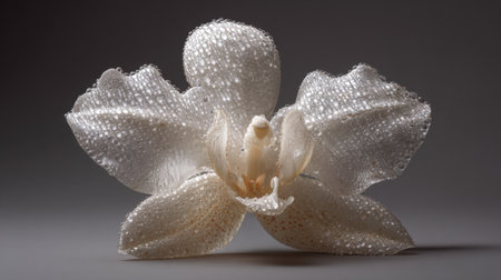 This stunning image captures a delicate white orchid adorned with glistening water droplets, set against a soft grey background, symbolizing purity and tranquility.の素材