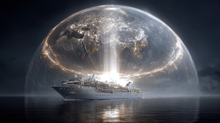 A stunning cruise ship glides through tranquil waters beneath a cosmic light sphere, creating an ethereal and surreal atmosphere around Earth.の素材