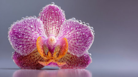 A captivating close-up image of an orchid flower adorned with glistening water droplets, showcasing its delicate petals and vibrant colors. Perfect for nature lovers.の素材