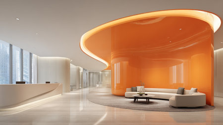 A sleek modern office interior showcasing a bright orange accent wall and comfortable furniture in a spacious lounge area, ideal for collaboration.の素材