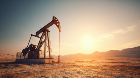 A stunning sunset illuminates an oil pump jack situated in a vast desert landscape. This image captures the machinery in operation, showcasing energy extraction.の素材
