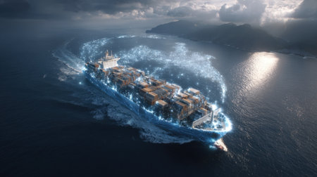 A large cargo ship traverses the vast ocean, surrounded by digital glowing effects. This image symbolizes modern shipping technology and logistics efficiency.の素材