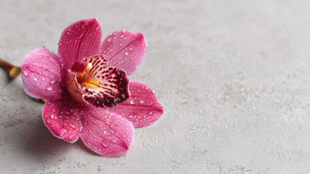 The image features a vibrant pink orchid flower adorned with glistening water droplets, elegantly positioned against a soft gray background, evoking a sense of freshness and tranquility.の素材