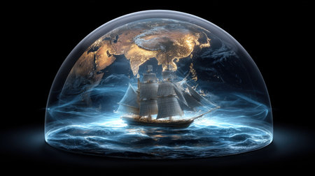 This artistic image features a majestic ship encased in a protective dome, surrounded by an illuminated globe and ethereal ocean waves, blending fantasy with adventure.の素材