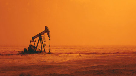 This striking image showcases a solitary oil pumping rig silhouetted against a vibrant orange sky, illuminated by a dusty sunset in a desolate landscape.の素材