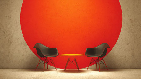 This striking interior scene features black chairs and a yellow table set against a vibrant red wall, creating a bold and modern aesthetic perfect for design inspiration.の素材
