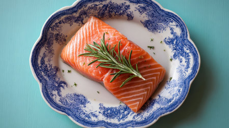A beautifully arranged fresh salmon fillet on an ornate blue plate. The dish is garnished with a sprig of rosemary, showcasing culinary elegance and freshness.の素材