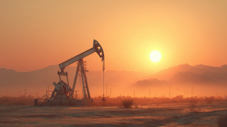 A striking silhouette of an oil pump jack stands against a breathtaking golden sunrise over a serene desert landscape, showcasing natural beauty and industry.の素材
