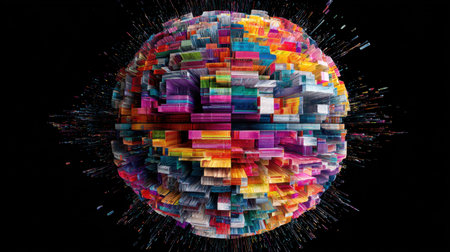 This vibrant abstract 3D sphere represents digital data and technology in a colorful design. The energetic motion and intricate patterns create a captivating visual experience.の素材