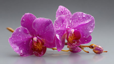 Stunning close-up of purple orchid flowers adorned with water droplets, exemplifying natural beauty and elegance against a soft gray background.の素材