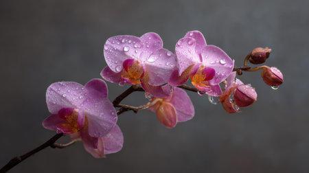 This stunning image captures delicate pink orchids with water droplets, highlighting their natural grace and beauty. The textured gray background adds depth and elegance.の素材